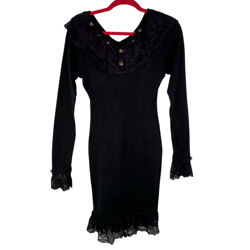 Vintage Forenza Black Mini Dress S Lace Trim Peplum Whimsigoth Fairy Witchy 80s
